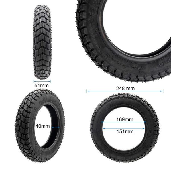 Cotes du pneu tubeless 10 × 2 tout-terrain : 248 mm de diamètre, 51 mm de large, flanc de 40 mm