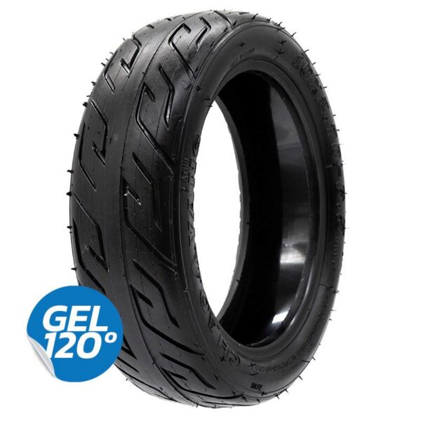 Pneu tubeless de trottinette 10 x 2,70-6,5 à profil route, vue de trois quarts, avec la mention gel du fabricant