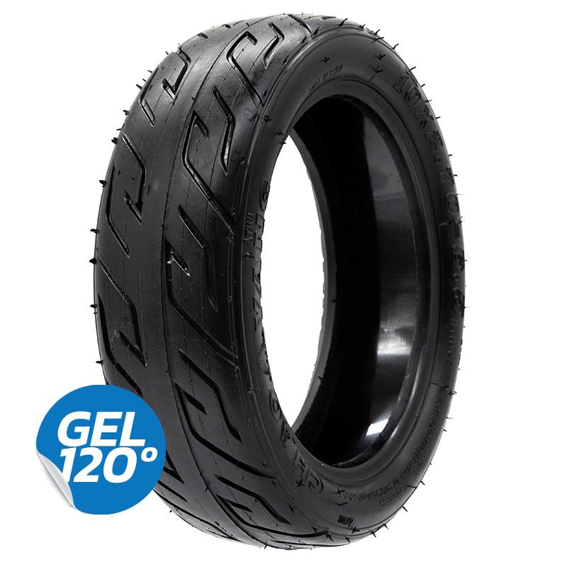 Pneu tubeless de trottinette 10 x 2,70-6,5 à profil route, vue de trois quarts, avec la mention gel du fabricant