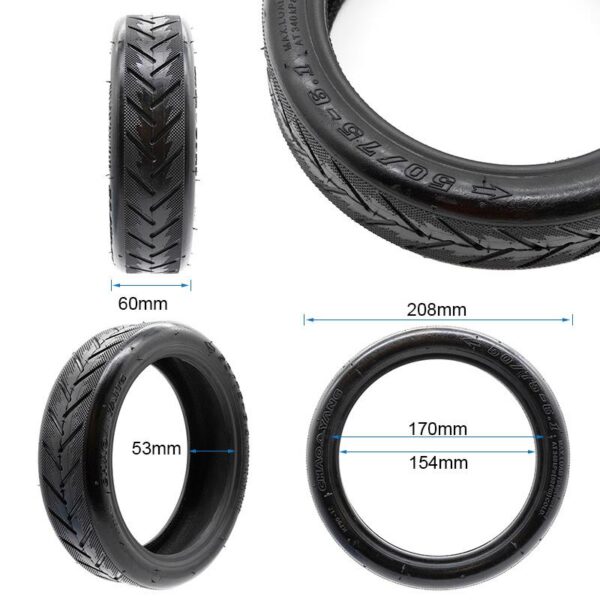 Cotes du pneu tubeless 8,5 × 2 : 208 mm de diamètre, 60 mm de large, flanc de 53 mm