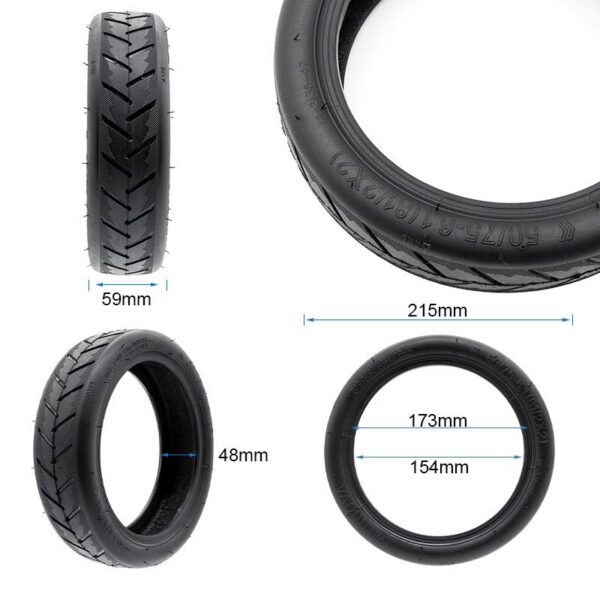 Cotes du pneu tubeless 8,5 × 2 : 215 mm de diamètre, 59 mm de large, flanc de 48 mm Cotes du pneu tubeless 8,5 × 2 : 215 mm de diamètre, 59 mm de large, flanc de 48 mm