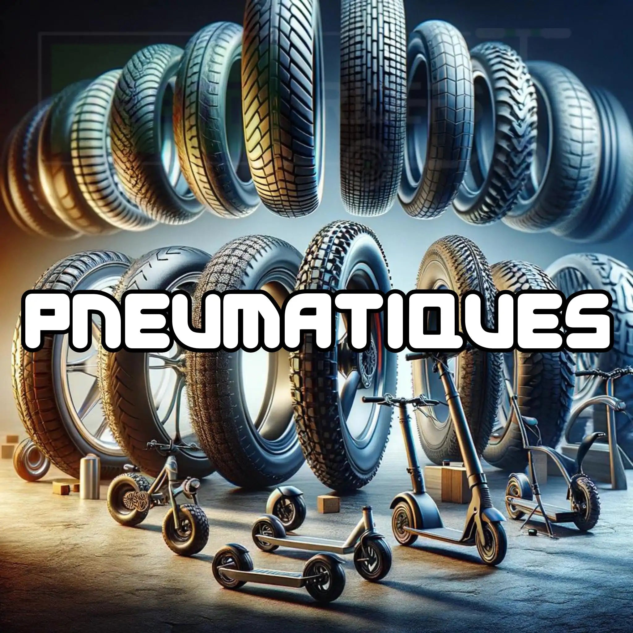 Pneus de trottinettes et scooter en arrière-plan, gros plan sur plusieurs pneus avec le mot “PNEUMATIQUES” affiché en blanc sur l’image. Inclut des trottinettes et scooters électriques au sol. comprendre les dimensions sur les pneus de trottinette électrique