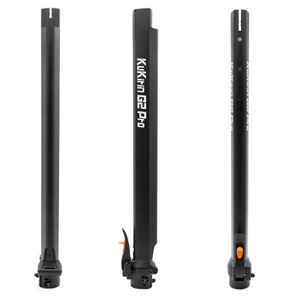 Les trois faces du mât de direction Kukirin G2 Pro 2024 : fente de serrage, lettrage d'origine et base articulée Les trois faces du mât de direction Kukirin G2 Pro 2024 : fente de serrage, lettrage d'origine et base articulée