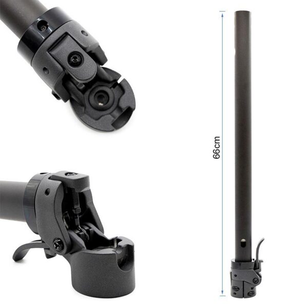 Potence Xiaomi M365 entière, mât coté 66 cm, et deux vues rapprochées de la charnière Potence Xiaomi M365 entière, mât coté 66 cm, et deux vues rapprochées de la charnière