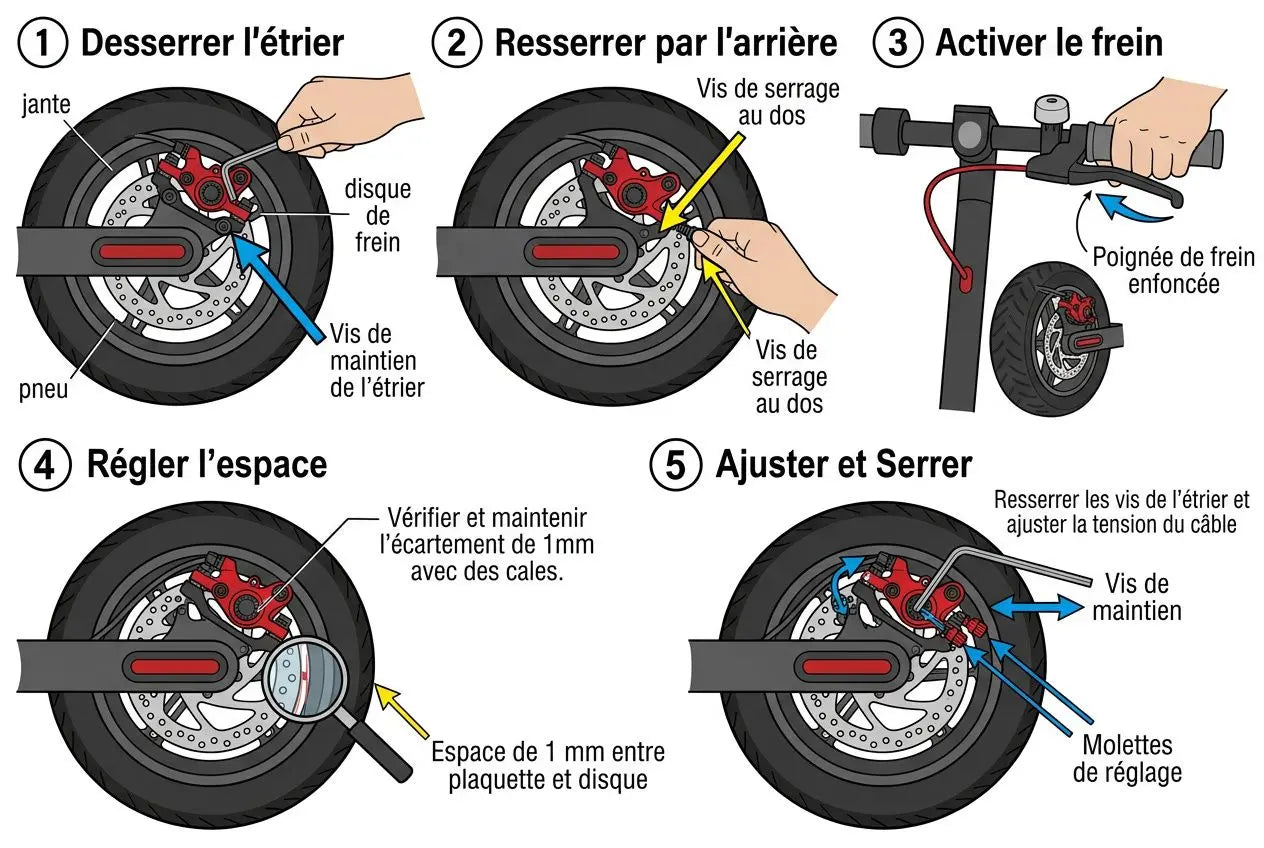 Processus en 5 étapes pour resserrer les freins d'une trottinette électrique, ajustement du frein et réglage du câble.