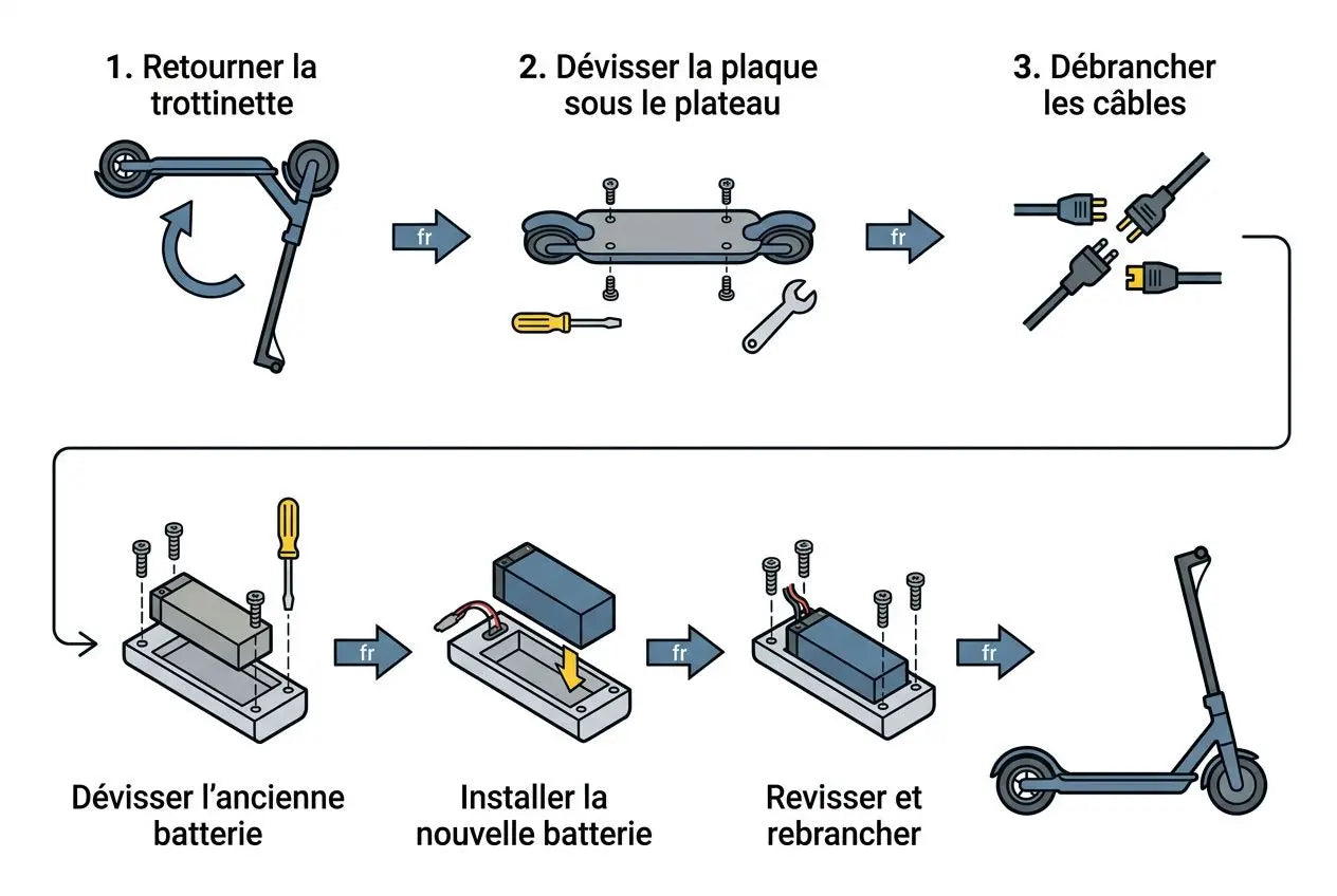 Processus de remplacement d’une batterie de trottinette électrique: retirer, démonter, dévisser l’ancienne, installer la nouvelle batterie, revisser, puis remettre en service. Problème batterie trottinette électrique.