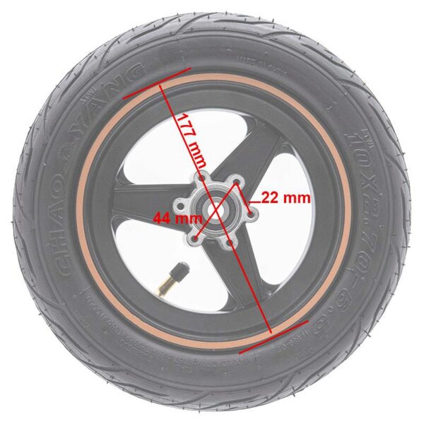 Dessin coté de la roue avant : jante de 177 mm, alésage de 22 mm, entraxe de 44 mm