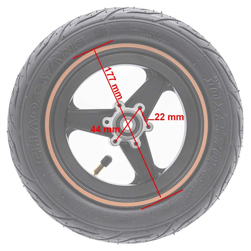 Dessin coté de la roue avant : jante de 177 mm, alésage de 22 mm, entraxe de 44 mm