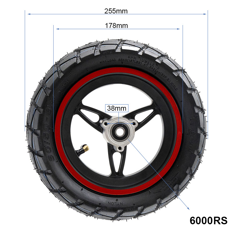 Roue complète Ecoxtrem M41 Tank cotée : 255 mm de diamètre, 178 mm de jante, 38 mm au moyeu, roulements 6000RS