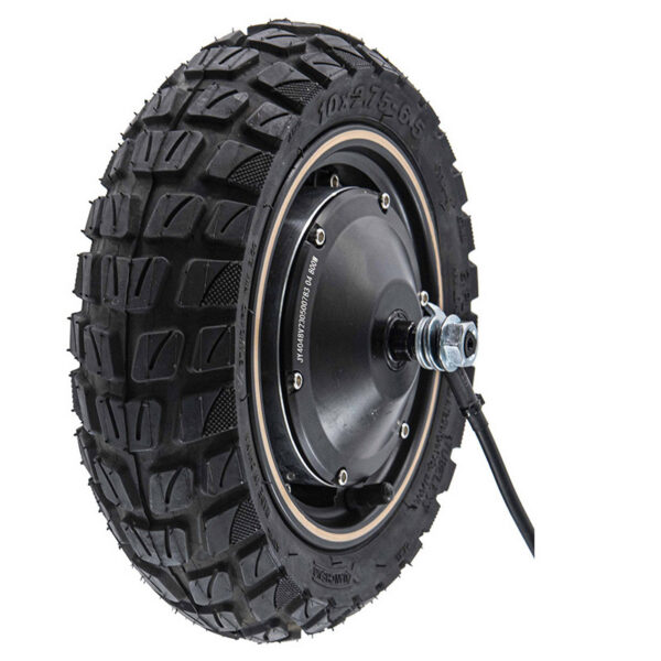 Roue motrice 800 W tout-terrain vue de trois quarts, axe et écrou visibles Roue motrice 800 W tout-terrain vue de trois quarts, axe et écrou visibles