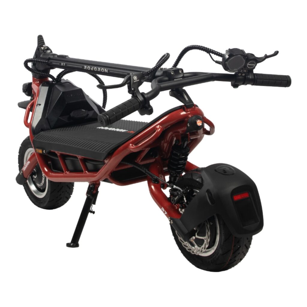 Rovoron R7 V2 rouge guidon rabattu, prête à être transportée