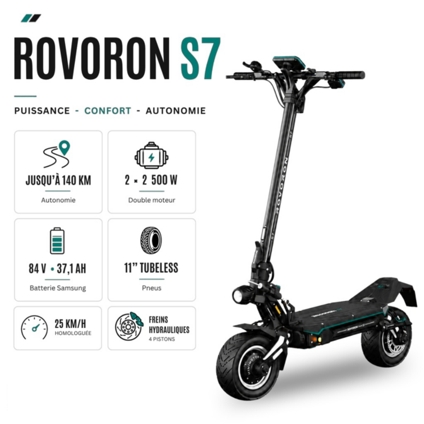 Rovoron S7 en chiffres : 140 km d’autonomie, double moteur de 2 500 W, batterie 84 V 37,1 Ah, pneus 11 pouces tubeless, freins hydrauliques 4 pistons