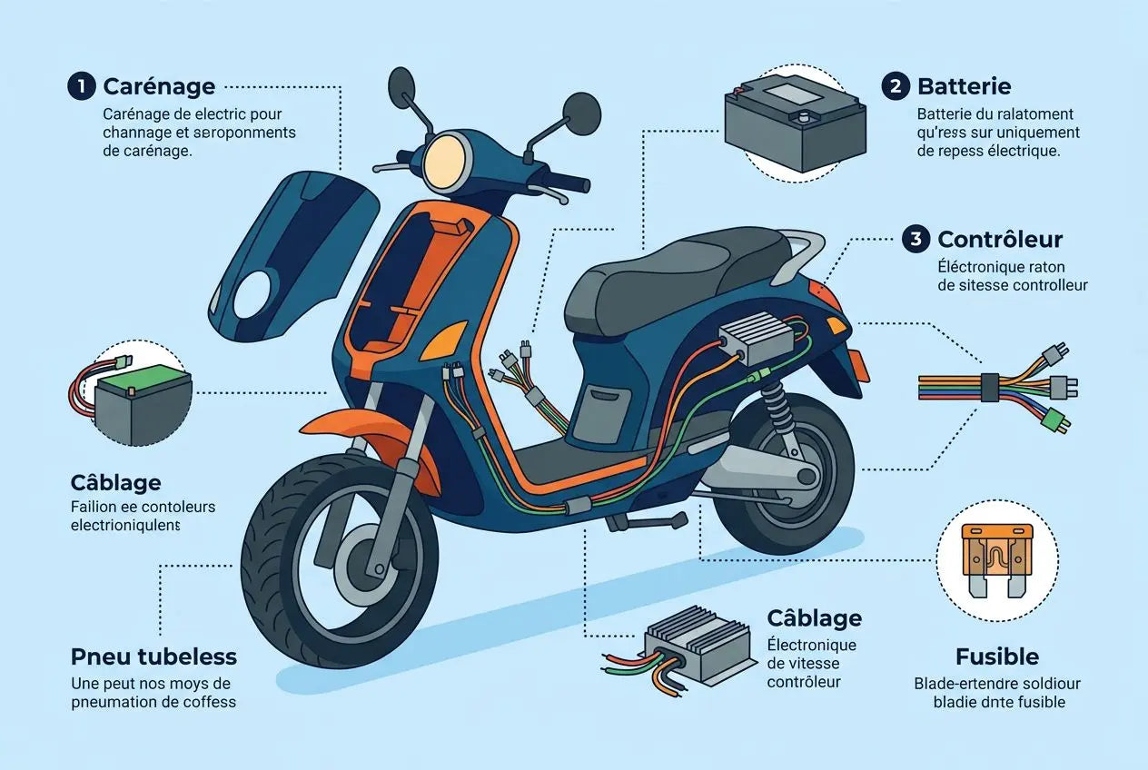 Schéma d’une trottinette électrique avec pièces étiquetées (carénage, batterie, contrôleur, câblage, pneu tubeless, fusible, câblage électronique de vitesse) pour comprendre comment réparer une trottinette électrique.
