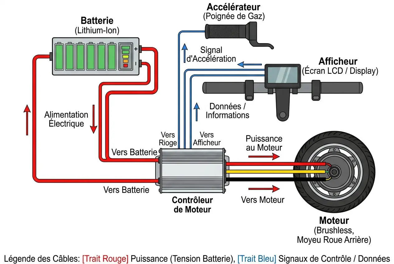 Schéma illustrant les composants d’une trottinette électrique: batterie, contrôleur, moteur et affichage; chemins de câbles et signaux pour alimentation, puissance et données.