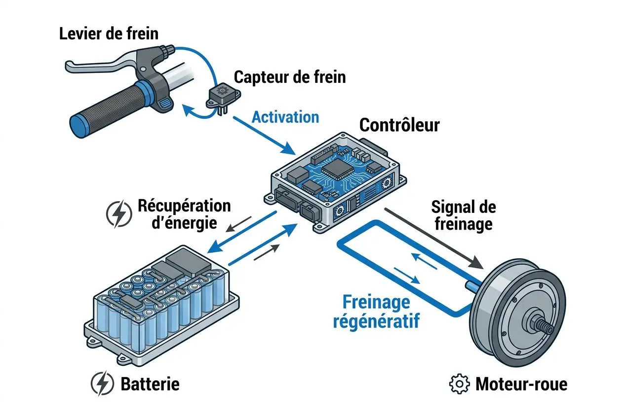 Schéma schématique du système de freinage d’une trottinette électrique: relevage de levier, capteur de frein, contrôleur et moteur, avec alimentation et freinage régénératif. Problème frein trottinette électrique intégré.