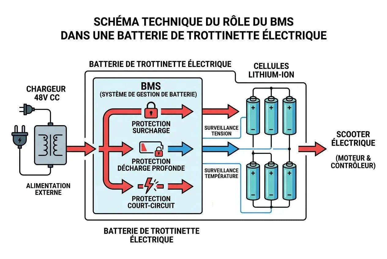 Schéma technique illustrant le rôle du BMS dans une batterie de trottinette électrique, montrant le chargeur, les cellules lithium‑ion et les circuits de protection et de surveillance. intégrer le sujet: comment entretenir une batterie de trottinette électrique.