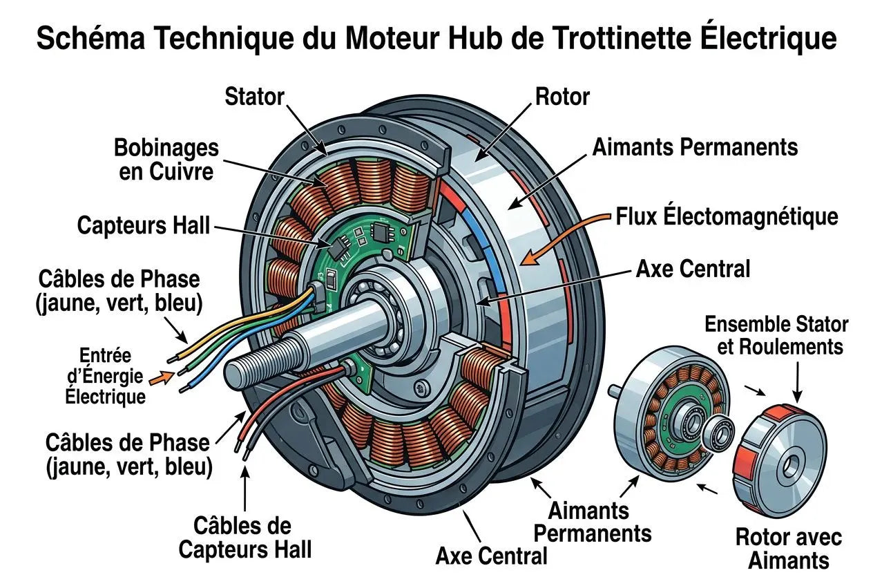 Schéma technique montrant le moteur hub d’une trottinette électrique avec stator, rotor, aimants permanents et câbles, illustrant les composants internes et les flux électromagnétiques.