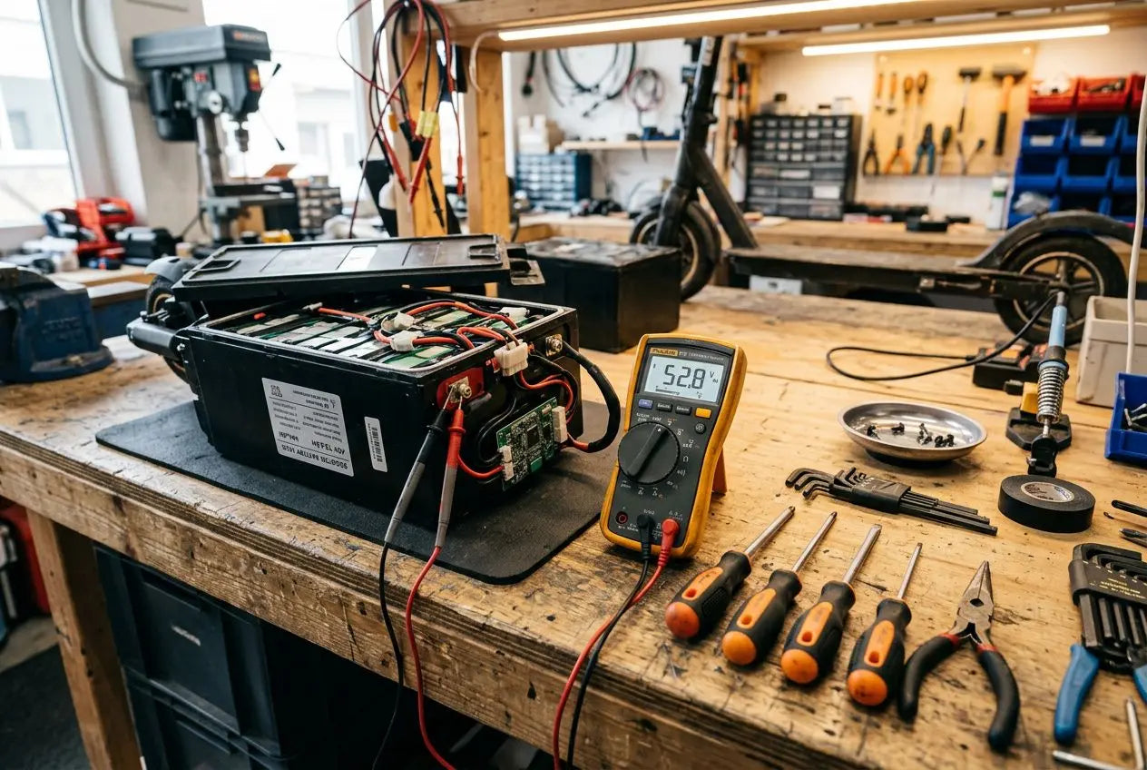Table de réparation avec batterie et multimètre; outils (pinces, tournevis) alignés sur le plan de travail, démontrant un diagnostic de panne de trottinette électrique. Panne trottinette électrique.