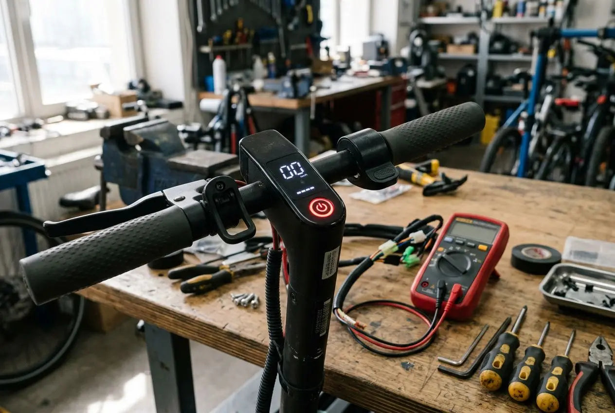 Table de réparation avec trottinette électrique et outils électriques, multimètre et tournevis sur le plan de travail.