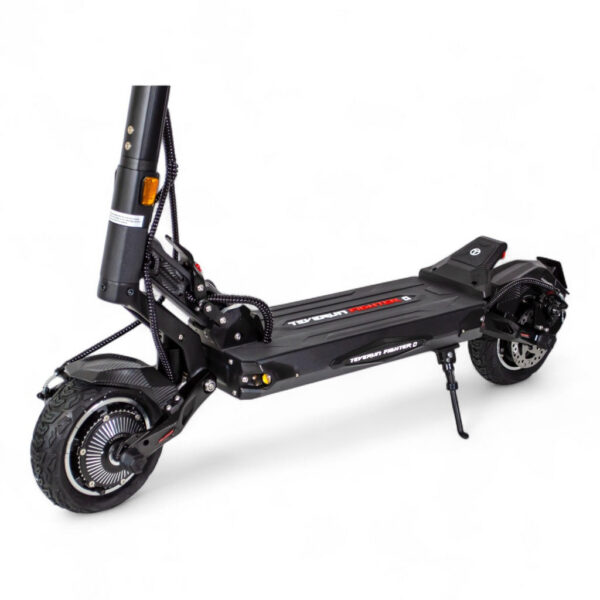 Teverun Fighter Mini Q — trois quarts arrière, plateau et suspensions Teverun Fighter Mini Q — trois quarts arrière, plateau et suspensions