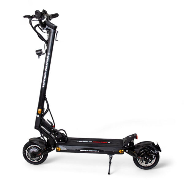 Teverun Fighter Mini Q vue de profil, colonne repliable et plateau Teverun Fighter Mini Q vue de profil, colonne repliable et plateau