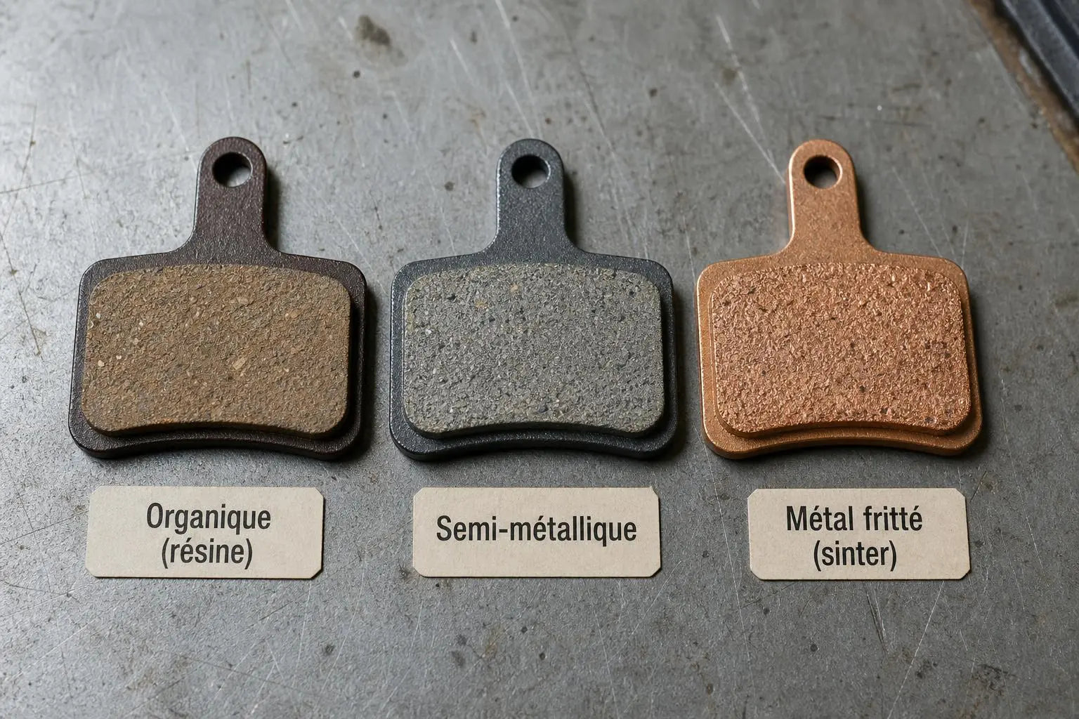 Trois plaques de frein alignées: organique (résine), semi-métallique et métal fritté (sinter).