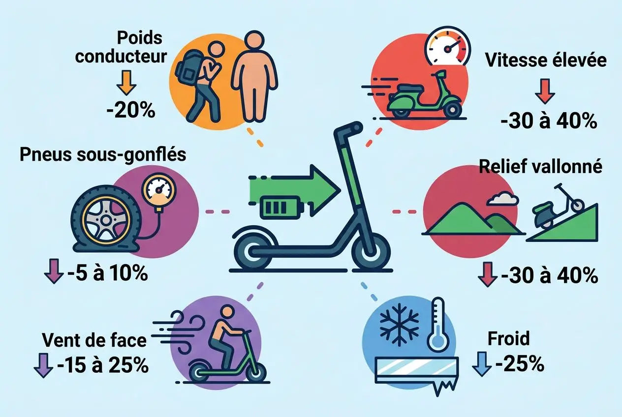 Trottinette électrique au centre avec flèches et icônes: autonomie, sécurité et conditions (pneus, vent, froid) mentionnant jusqu'à -30 à 40% et -5 à 10% pour divers facteurs. Trottinette électrique autonomie 100 km.