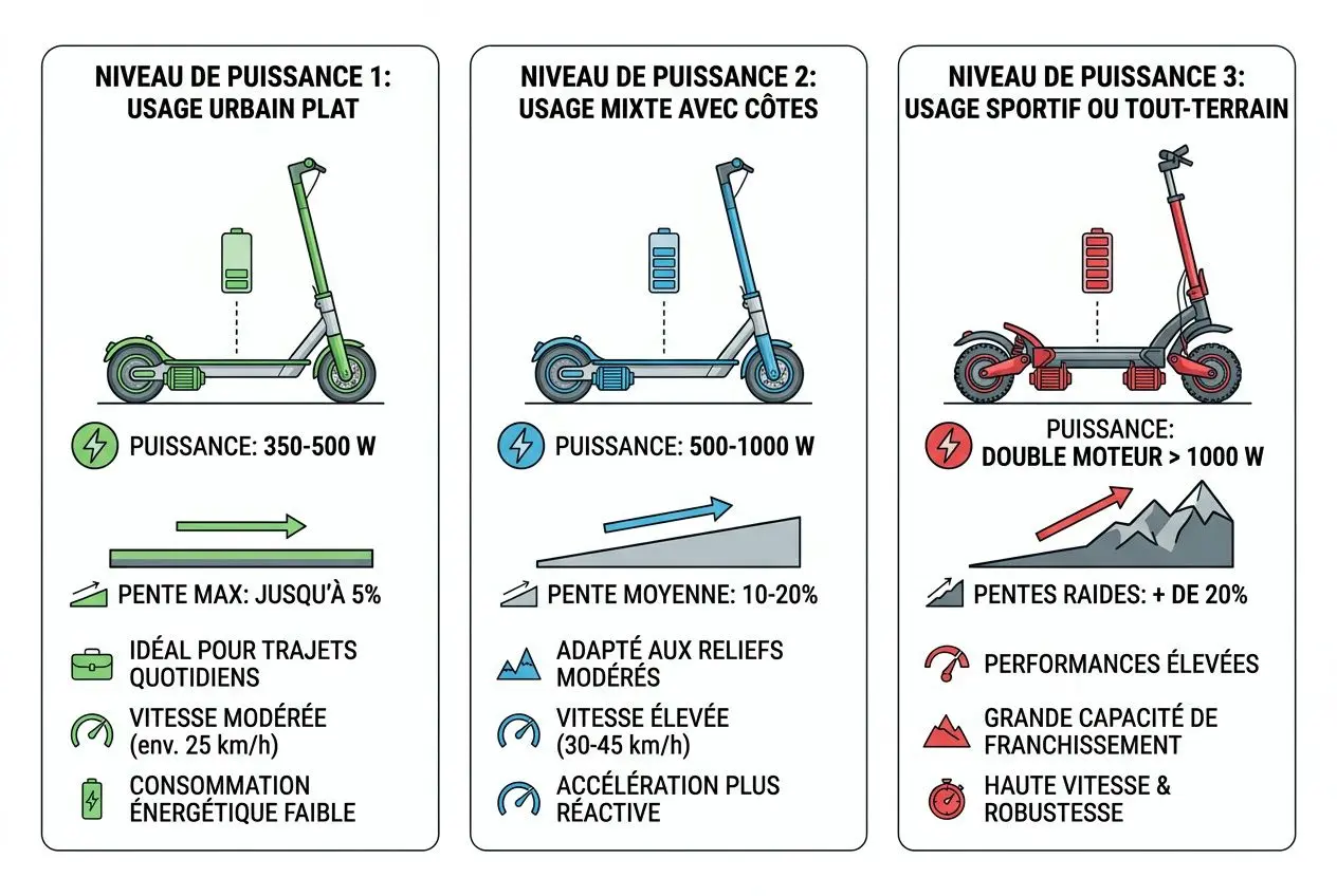Trottinette électrique: guide visuel présentant trois niveaux de puissance et usages (urbain, mixte, sportif/tout-terrain) avec icônes d'autonomie et vitesse.