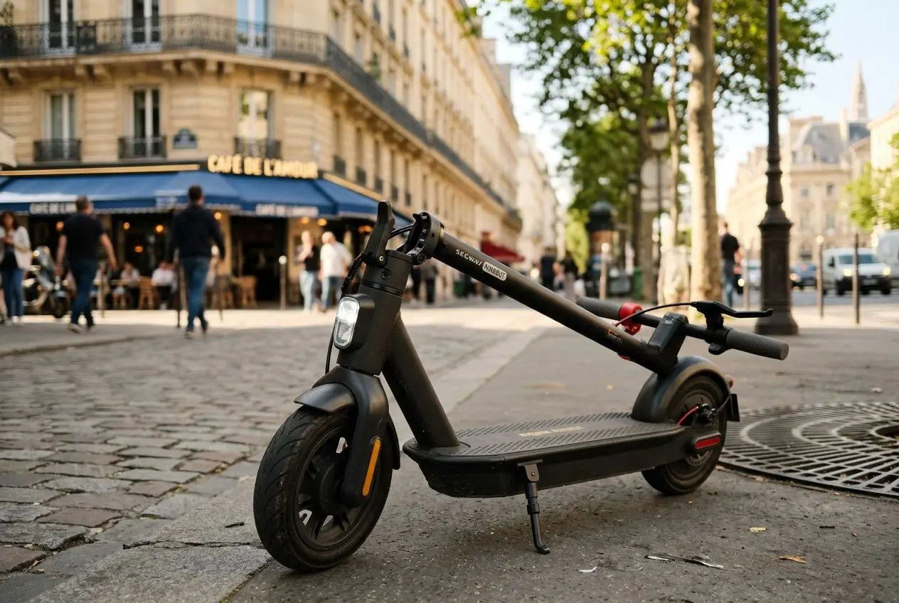 Trottinette électrique noire pliée en ville, devant un café, sur trottoir pavé, avec piétons et bâtiments en arrière-plan. comment choisir sa trottinette électrique.