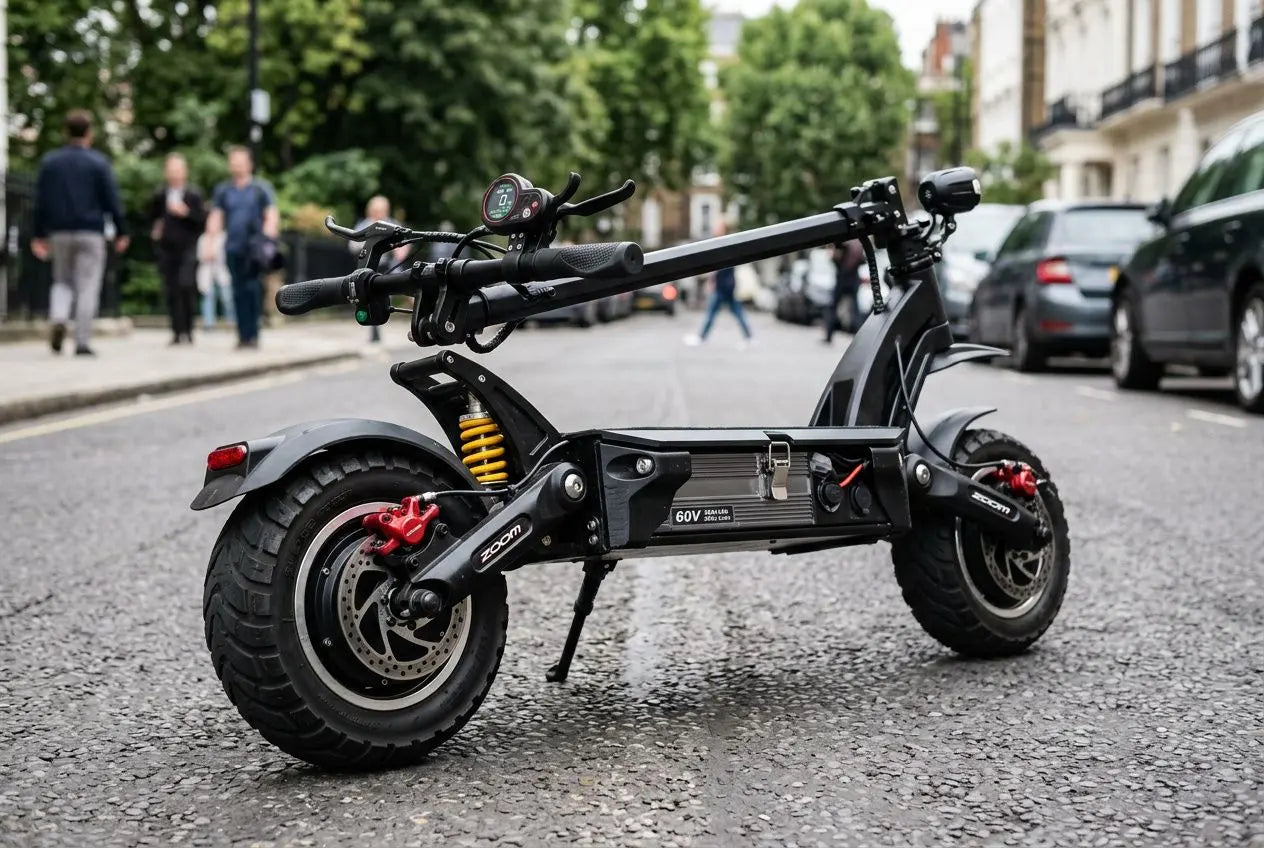 Trottinette électrique pliée au repos sur une rue urbaine, suspensions visibles et roues robustes, esprit grande autonomie. Trottinette électrique autonomie 100 km intégrée.