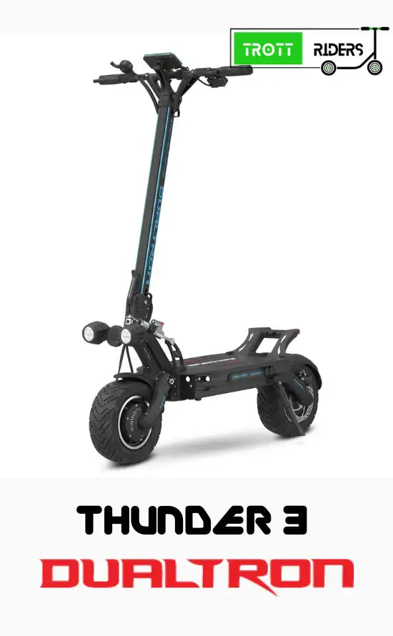 Trottinette électrique Thunder 3 Dualtron vue de côté avec guidon et roues robustes, logo Thunder 3 Dualtron en dessous. Integrate keyword: comment choisir une trottinette électrique naturelle.