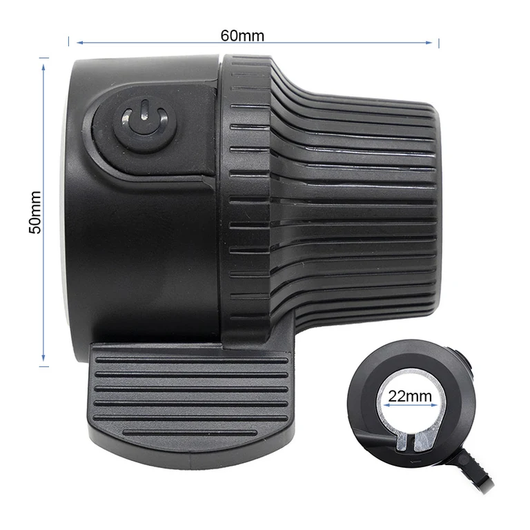 Accélérateur à gâchette Kukirin G4 coté : 60 mm de long, 50 mm de haut, collier de 22 mm