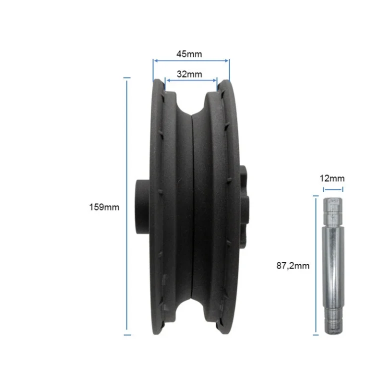 Accessoires trottinette électrique Xiaomi : galet ou roue avec dimensions 159 mm et 45 mm/32 mm, accompagné d’une tige métallique de 87,2 mm et 12 mm de diamètre.