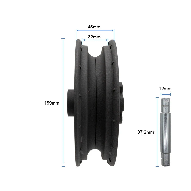 Accessoires trottinette électrique Xiaomi : galet ou roue avec dimensions 159 mm et 45 mm/32 mm, accompagné d’une tige métallique de 87,2 mm et 12 mm de diamètre.