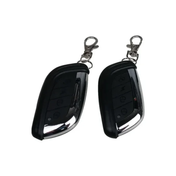 Les deux télécommandes de l'alarme, quatre boutons et anneau porte-clés Les deux télécommandes de l'alarme, quatre boutons et anneau porte-clés