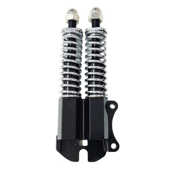 Amortisseur avant de trottinette à deux ressorts chromés sur un corps noir, support d’étrier de frein sur le côté Amortisseur avant de trottinette à deux ressorts chromés sur un corps noir, support d’étrier de frein sur le côté