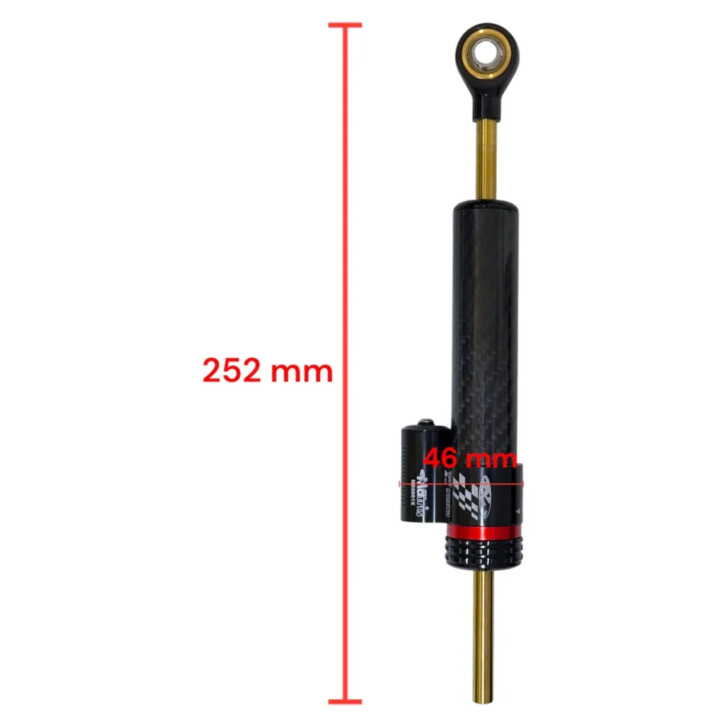Cotes de l'amortisseur de direction carbone : 252 mm entre axes, corps de 46 mm