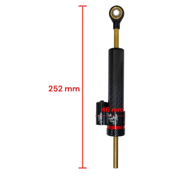 Cotes de l'amortisseur de direction carbone : 252 mm entre axes, corps de 46 mm