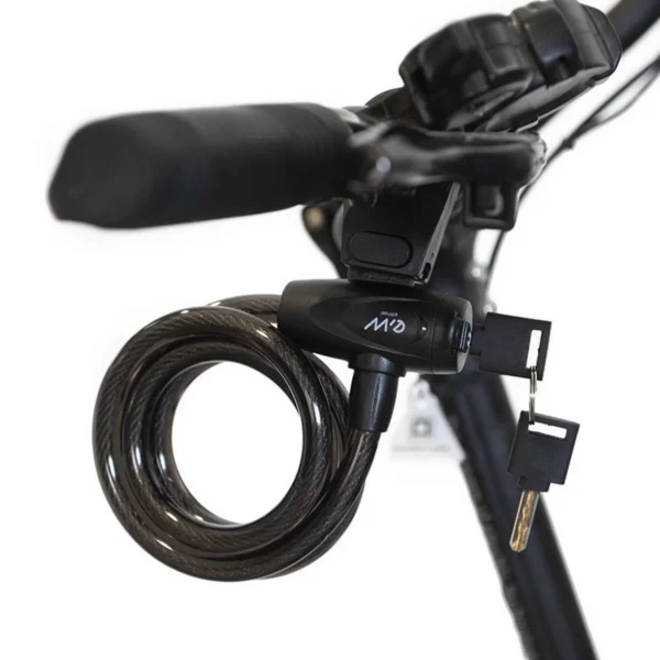 Antivol câble spiralé 105 cm enroulé sur la potence d'une trottinette
