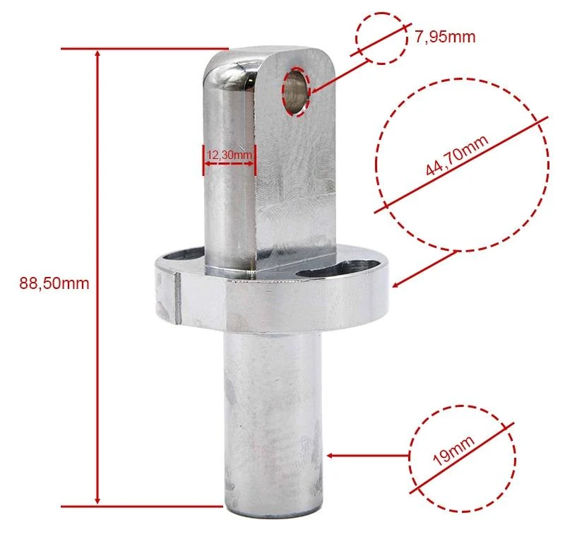 Plan coté de l'axe de charnière : 88,50 mm de haut, fût de 19 mm, collerette de 44,70 mm