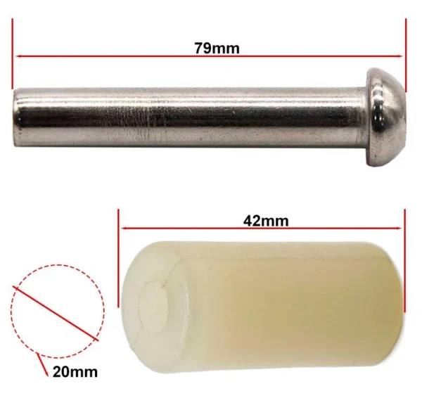 Plan coté : axe de 79 mm, entretoise de 42 mm de long et 20 mm de diamètre.