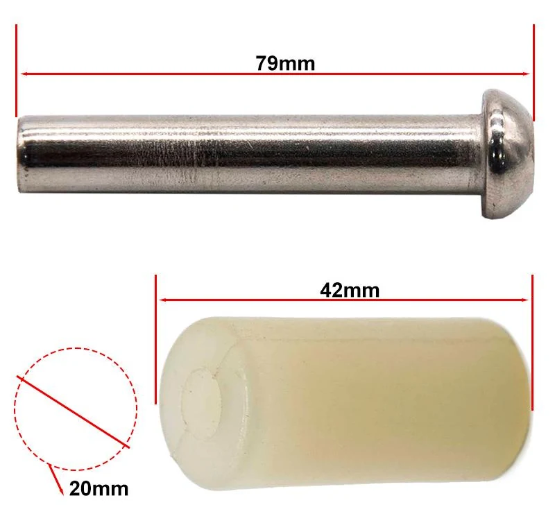 Plan coté : axe de 79 mm, entretoise de 42 mm de long et 20 mm de diamètre.