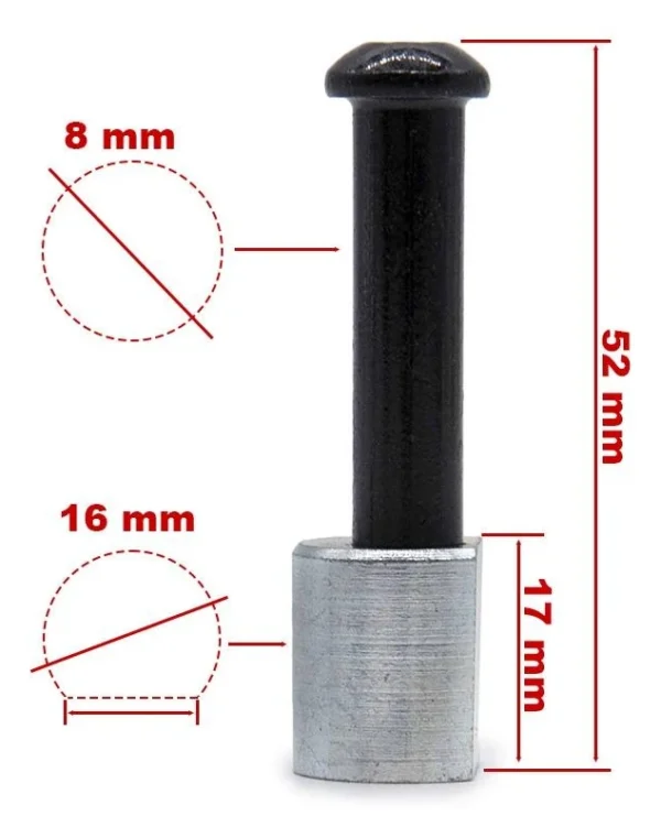 Plan coté : axe de 52 mm, tige de 8 mm, entretoise de 17 mm sur 16 mm Plan coté : axe de 52 mm, tige de 8 mm, entretoise de 17 mm sur 16 mm