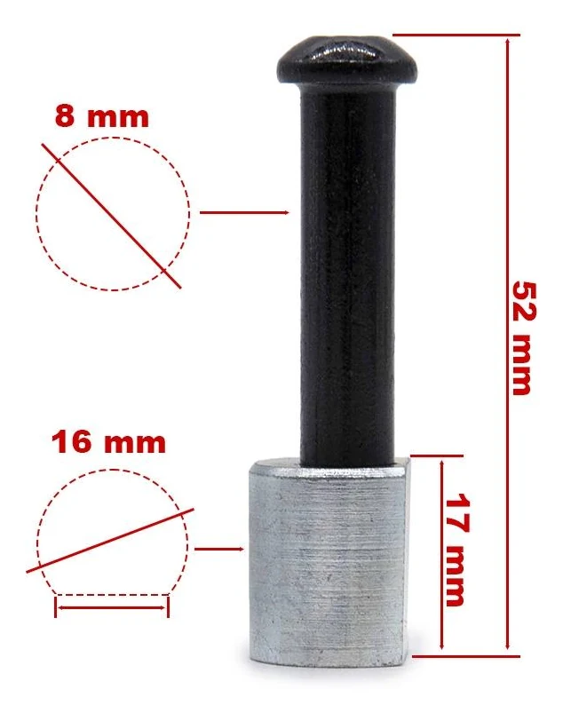 Plan coté : axe de 52 mm, tige de 8 mm, entretoise de 17 mm sur 16 mm