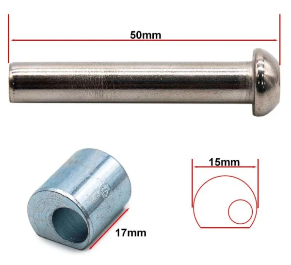 Plan coté : axe de 50 mm, entretoise de 17 mm de long et 15 mm de section
