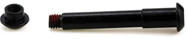 L'axe de pliage noir et son écrou à embase, posés à plat ; le filetage de l'axe porte un dépôt rouge.