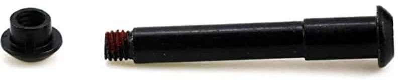 L'axe de pliage noir et son écrou à embase, posés à plat ; le filetage de l'axe porte un dépôt rouge.
