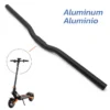 Barre de guidon cintree noire vue en entier, avec en encart une trottinette electrique et la mention du materiau aluminium Barre de guidon cintree noire vue en entier, avec en encart une trottinette electrique et la mention du materiau aluminium