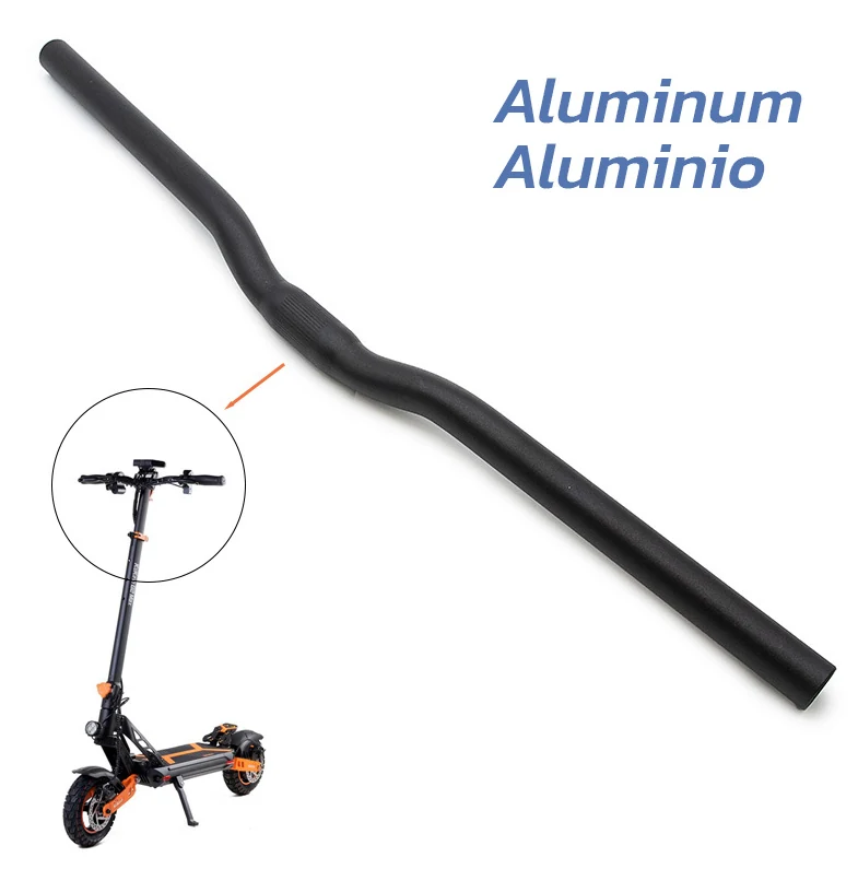 Barre de guidon cintree noire vue en entier, avec en encart une trottinette electrique et la mention du materiau aluminium