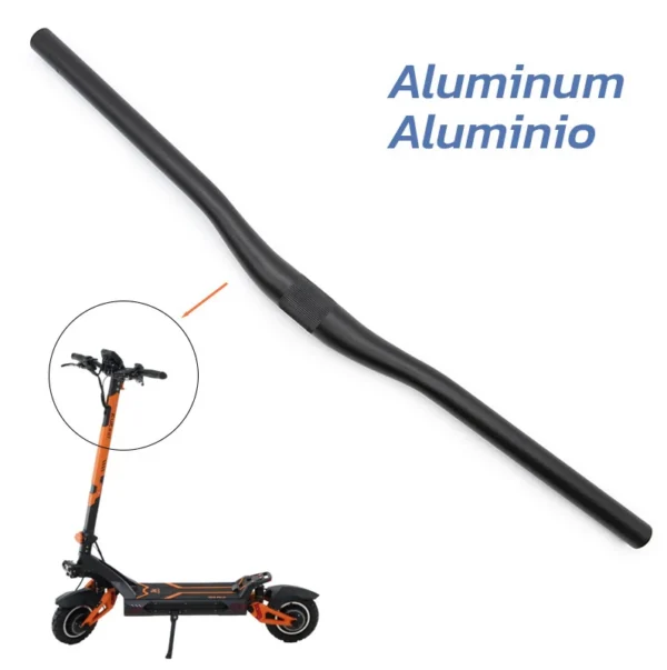 Barre de guidon cintree avec en encart une trottinette electrique et la mention du materiau aluminium Barre de guidon cintree avec en encart une trottinette electrique et la mention du materiau aluminium